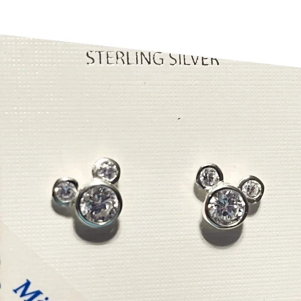 Disney Mickey MINNIE MOUSE EARRINGS Sterling Silver & CZ Rhinestone Studs Girls